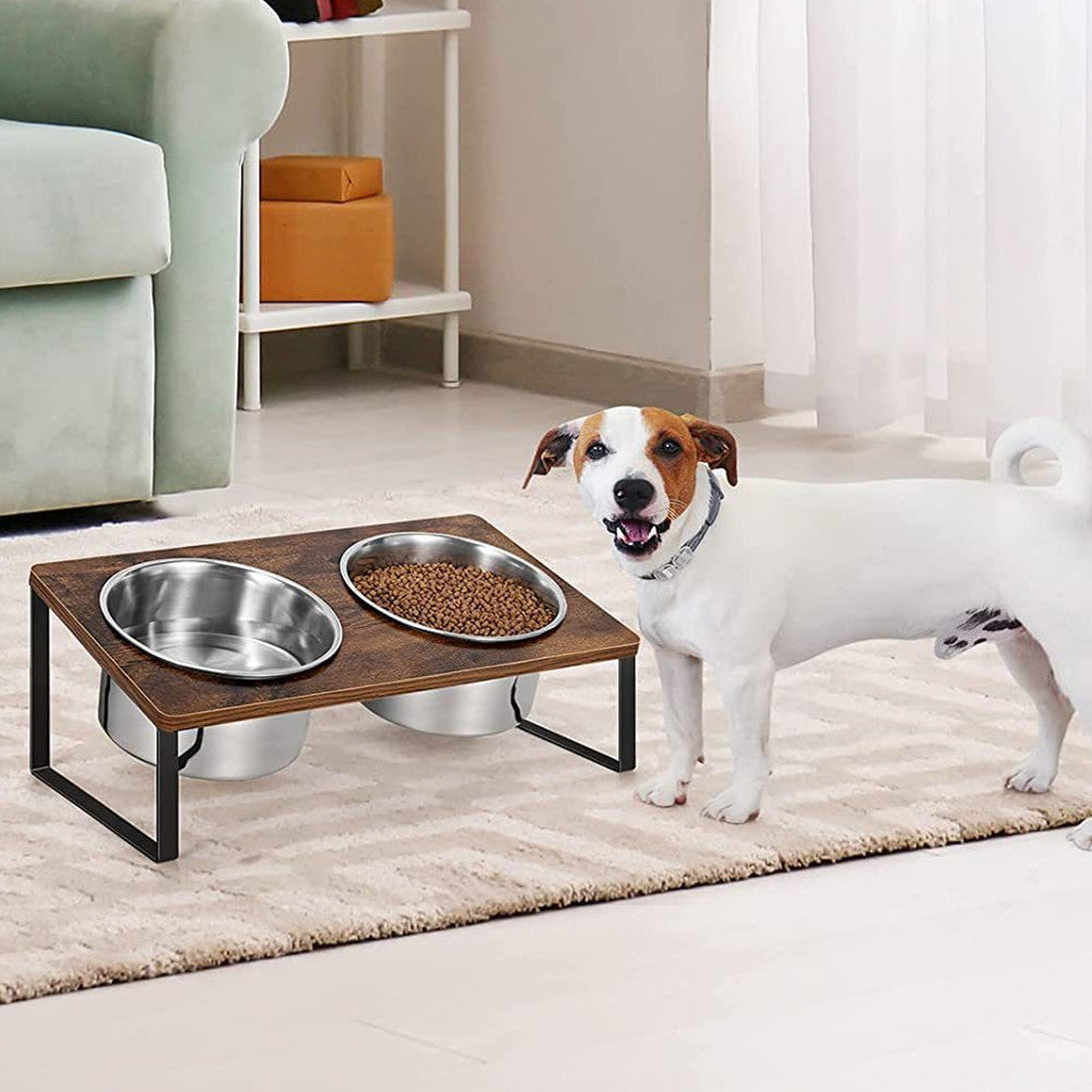 Iron And Wood Pet Feeding Rack With Bowl Holder