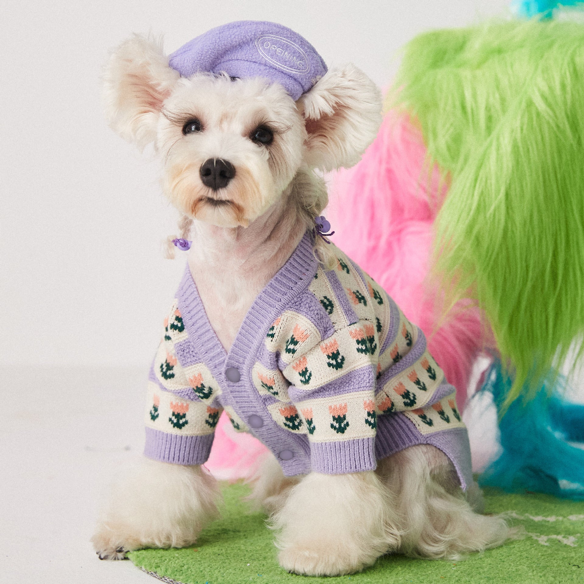 Purple Flower Pet Sweater Knitted Cardigan