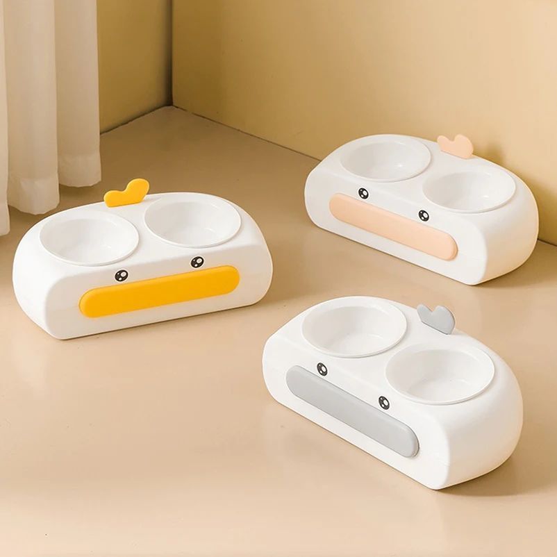 Duck-Shaped Double Pet Bowl Plastic Food And Water Feeder