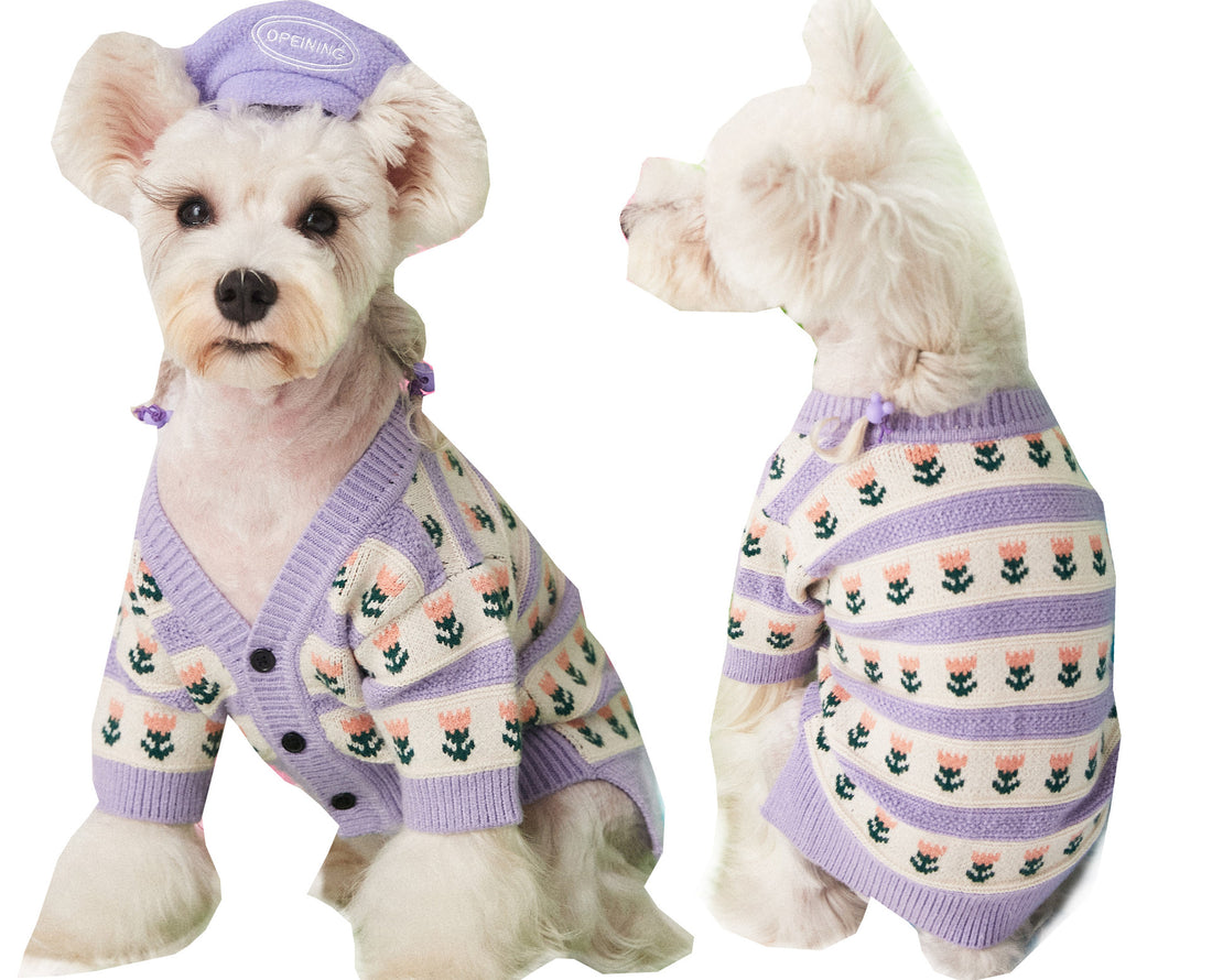 Purple Flower Pet Sweater Knitted Cardigan