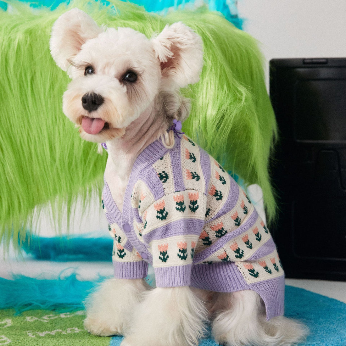 Purple Flower Pet Sweater Knitted Cardigan
