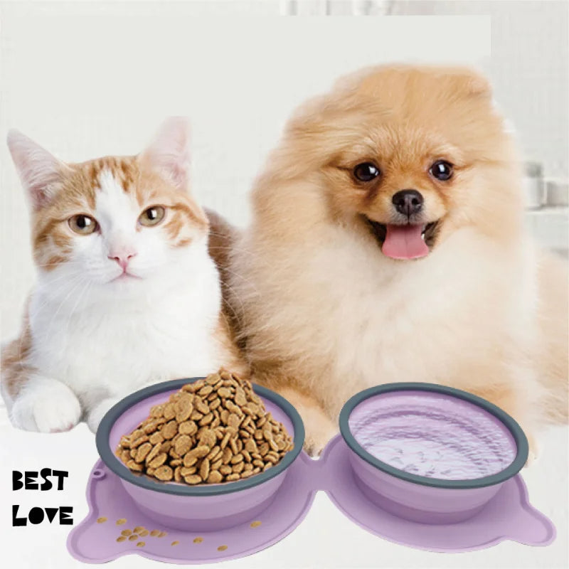 Portable Foldable Pet Silicone Double Feeding Bowl Non-Slip