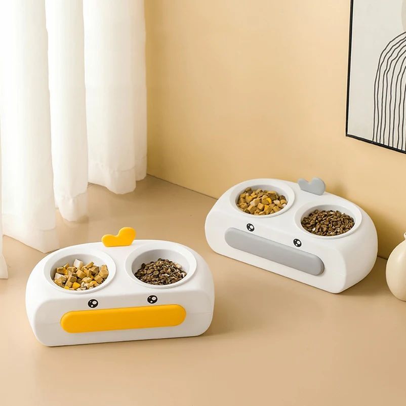 Duck-Shaped Double Pet Bowl Plastic Food And Water Feeder