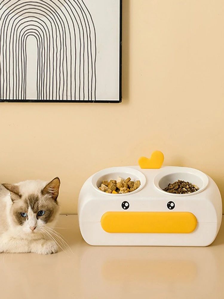 Duck-Shaped Double Pet Bowl Plastic Food And Water Feeder
